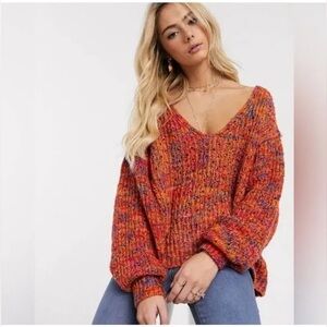 FREE PEOPLE Cable Knit Oversized V-Neck Orange Sweater Size Small boho coastal
